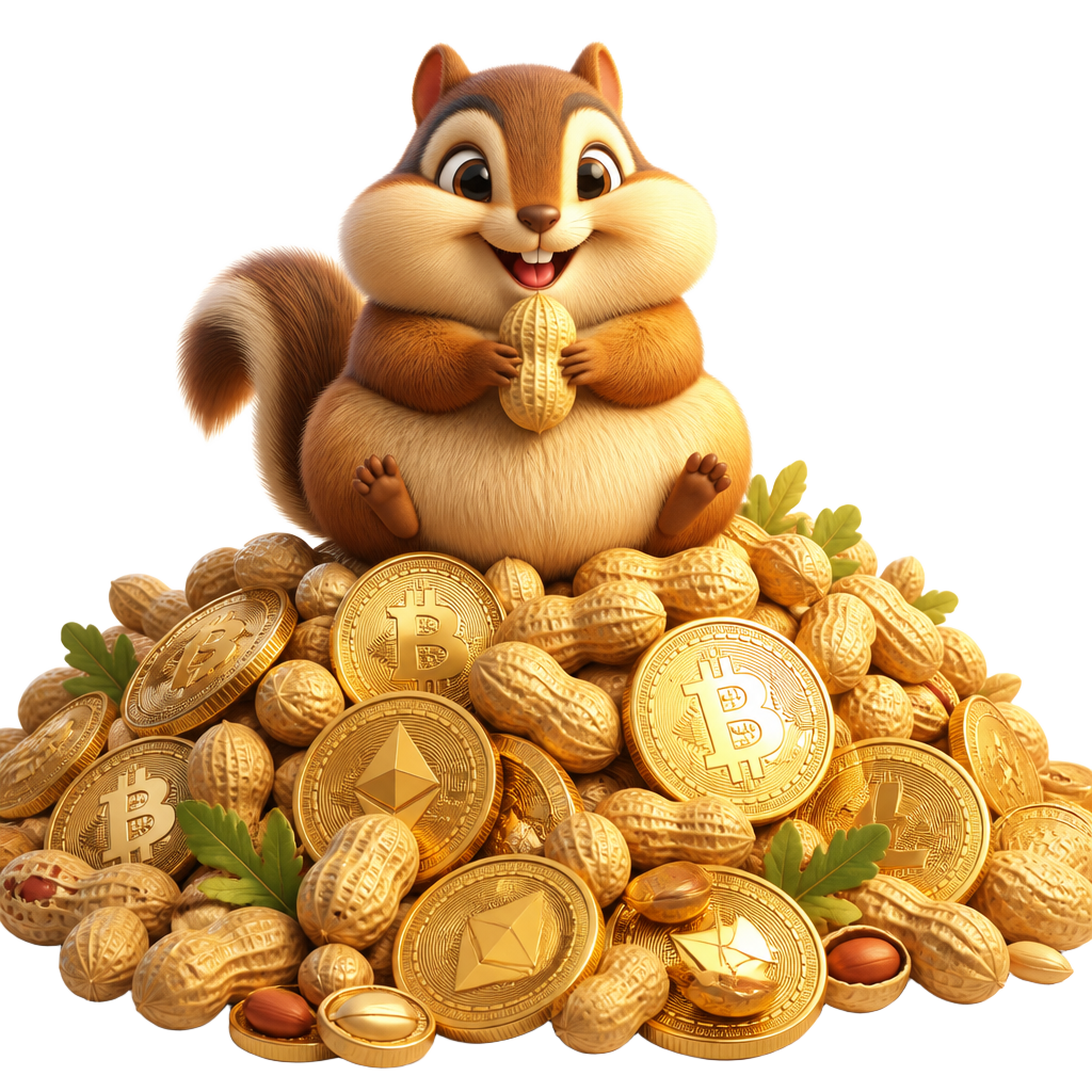 Squishy sitting on a pile of peanuts and crypto coins