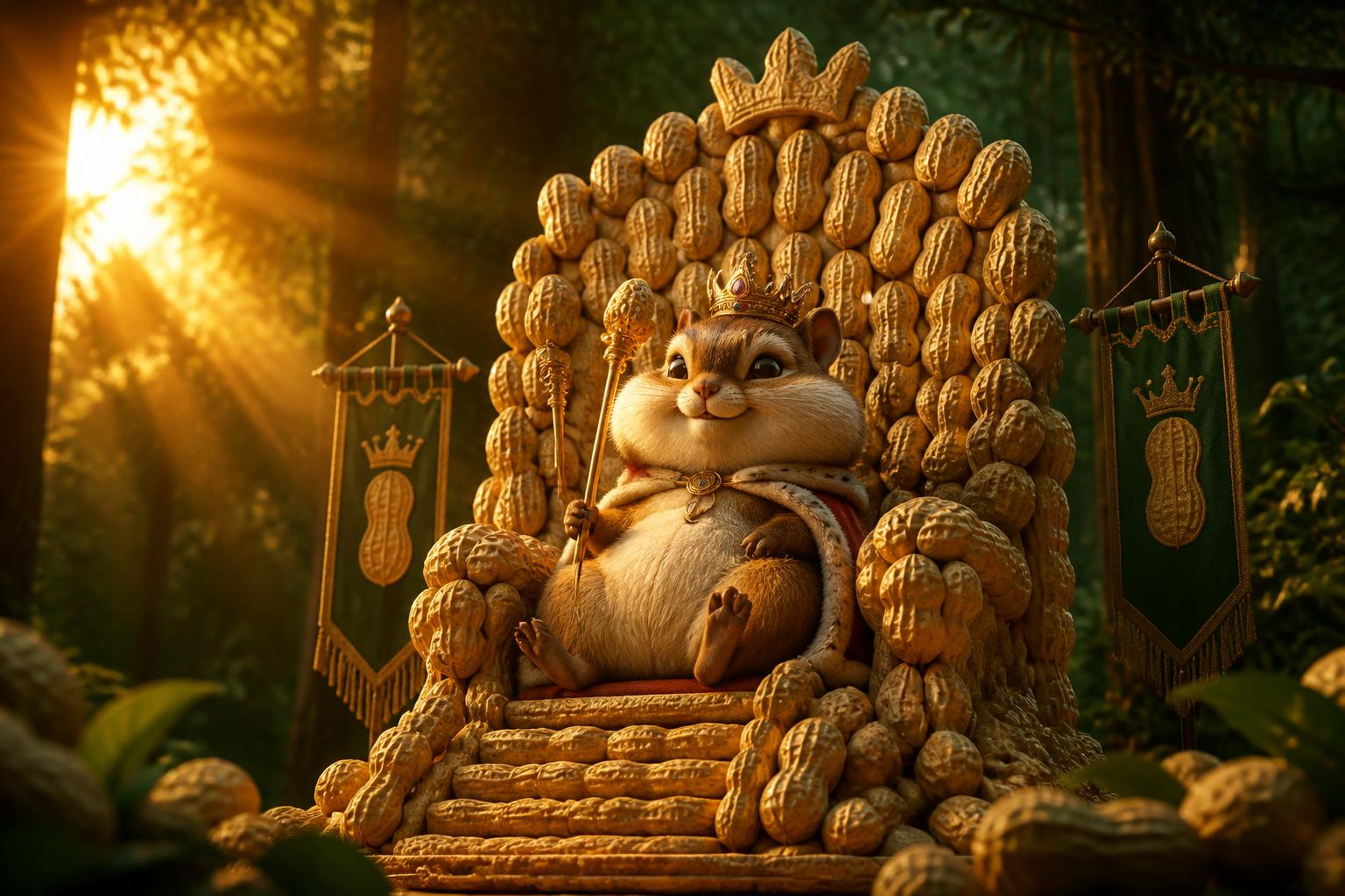 Squishy sitting on an enormous throne made of peanuts